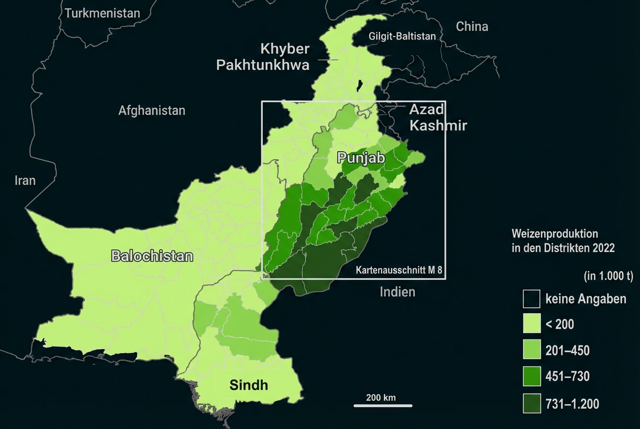 Karte Pakistans mit farbigen Bezirken und Legende zur Weizenproduktion 2022.